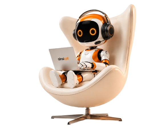 Ainsi Assist, le robot coach d'Ainsi Call, assis dans un fauteuil avec casque et ordinateur
